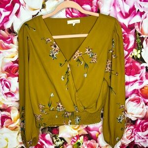 Mustard Yellow Floral Wrap Top by Anthropologie